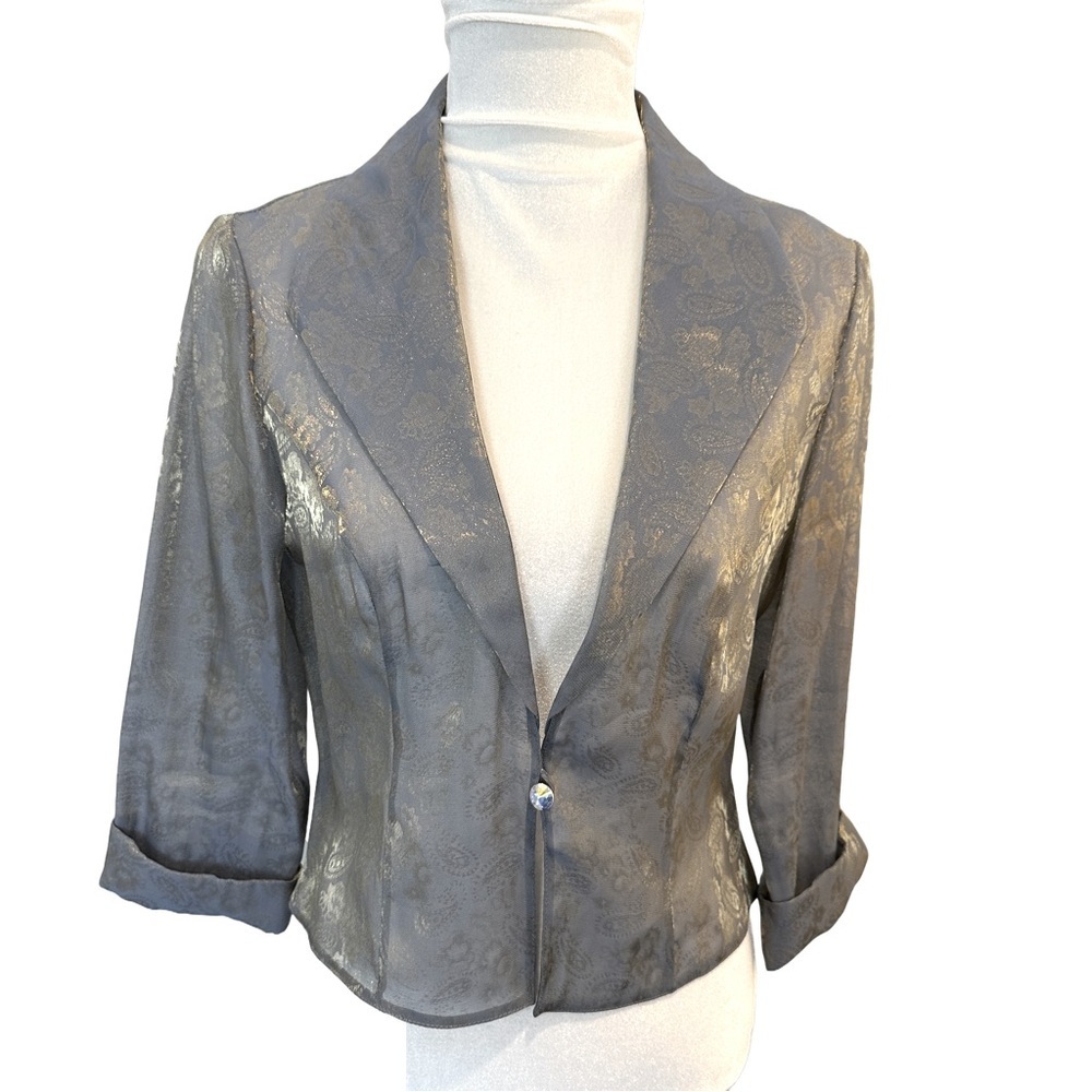 Vintage Alex Evenings Blue Sheer with Gold Paisley Print Cocktail Jacket 10